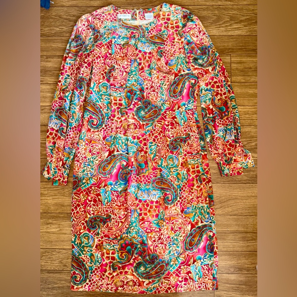 VTG Liz Claiborne Long Sleeve Pink Paisley Midi Dress 100% Silk Retro Boho Sz 12